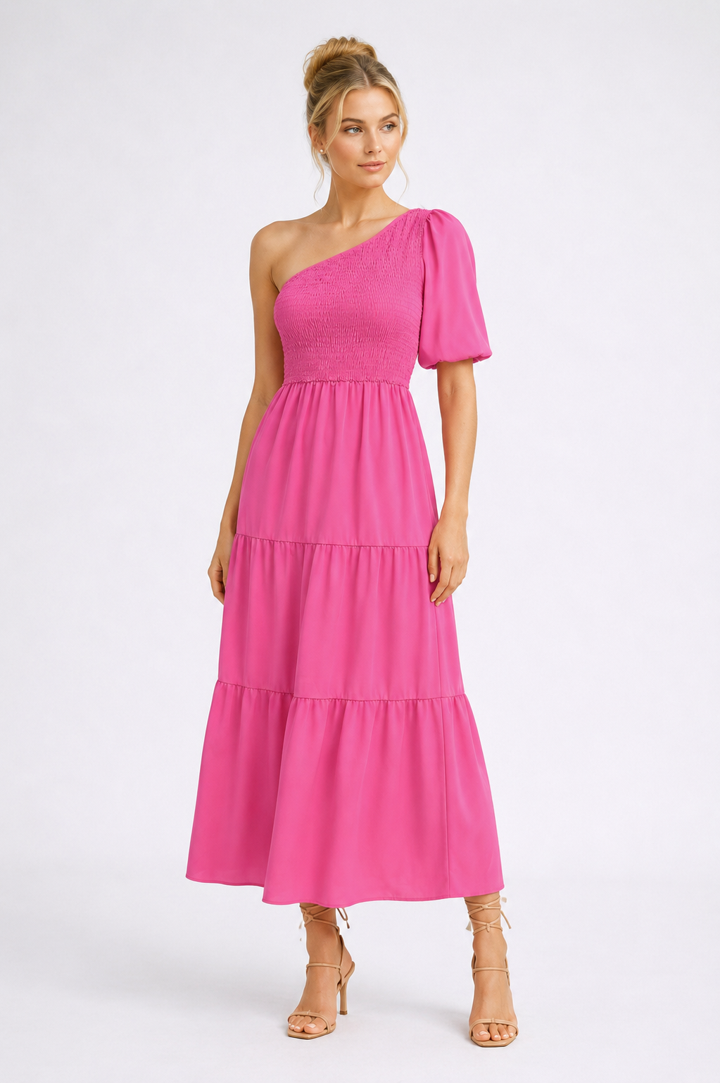 Vivienne One-Shoulder Midi Dress Hot Pink